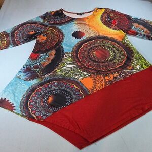 Max & Rina Womens XL Mandala Print Asymmetrical Hem Studded Tunic Top Red Multi